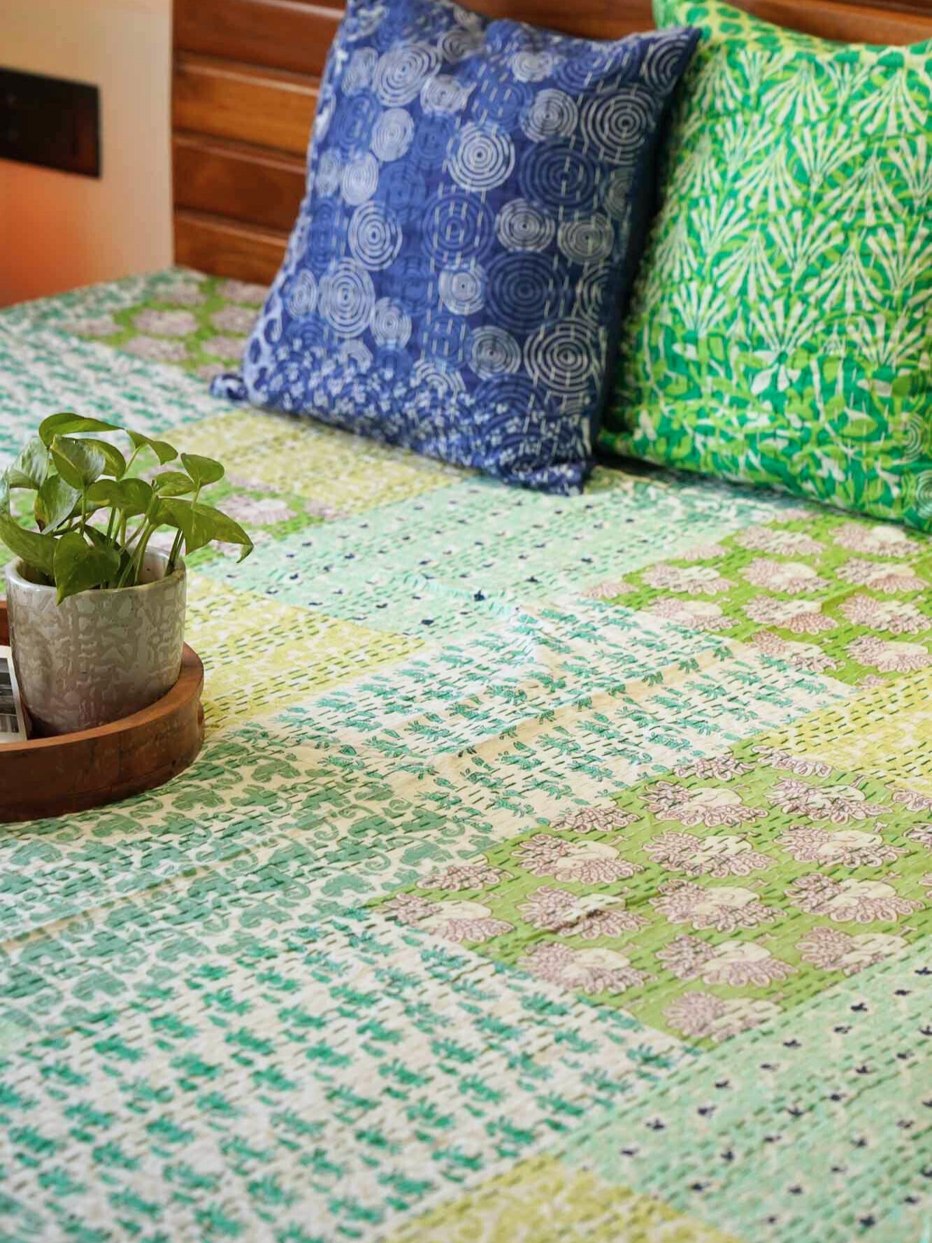 Shades Of Green - Handblock Patchwork Kantha Stitch Bedcover