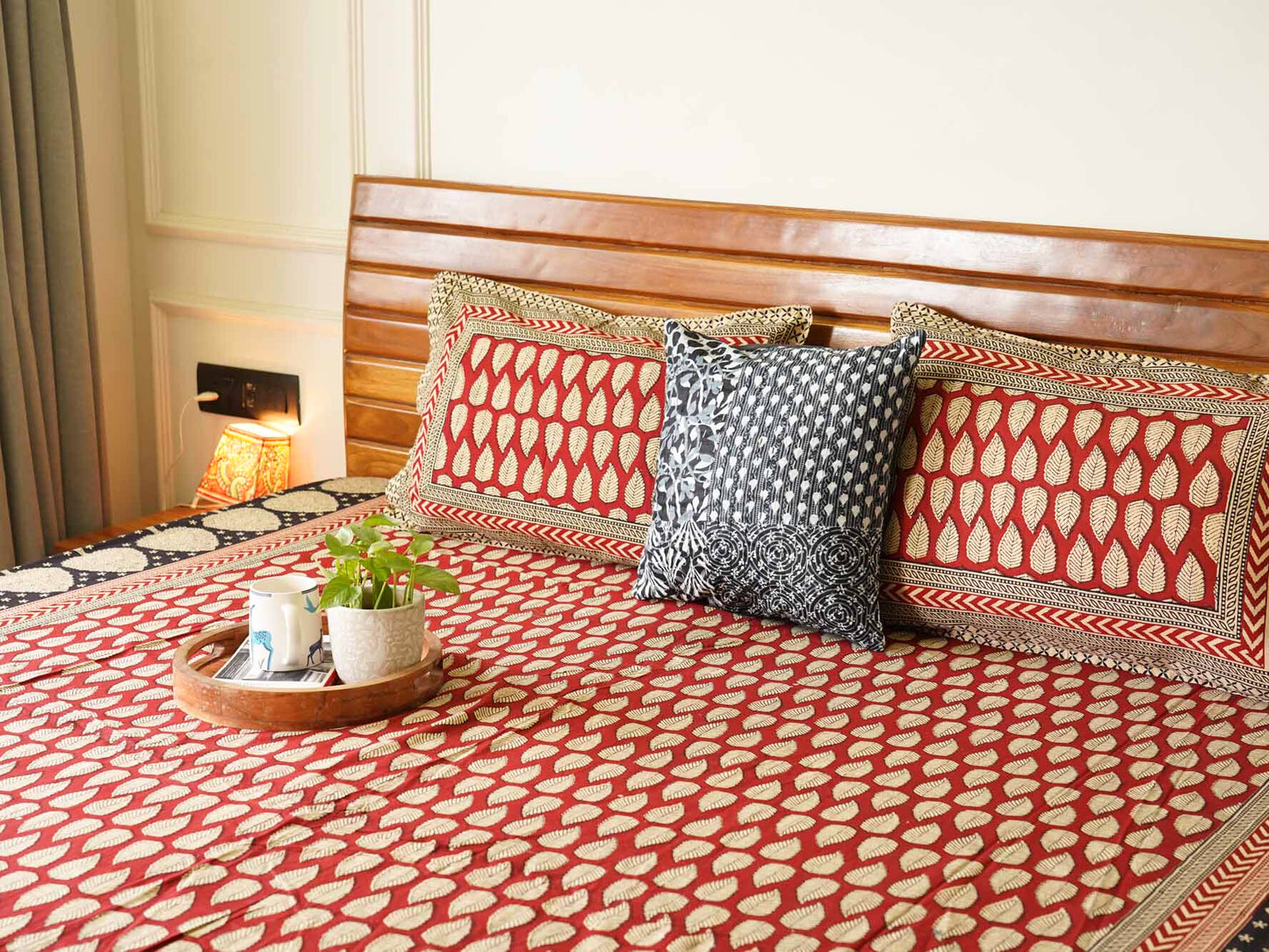 Kalamkari Red Leaf - Flat I Fitted Bedsheet (90x108 Inches)