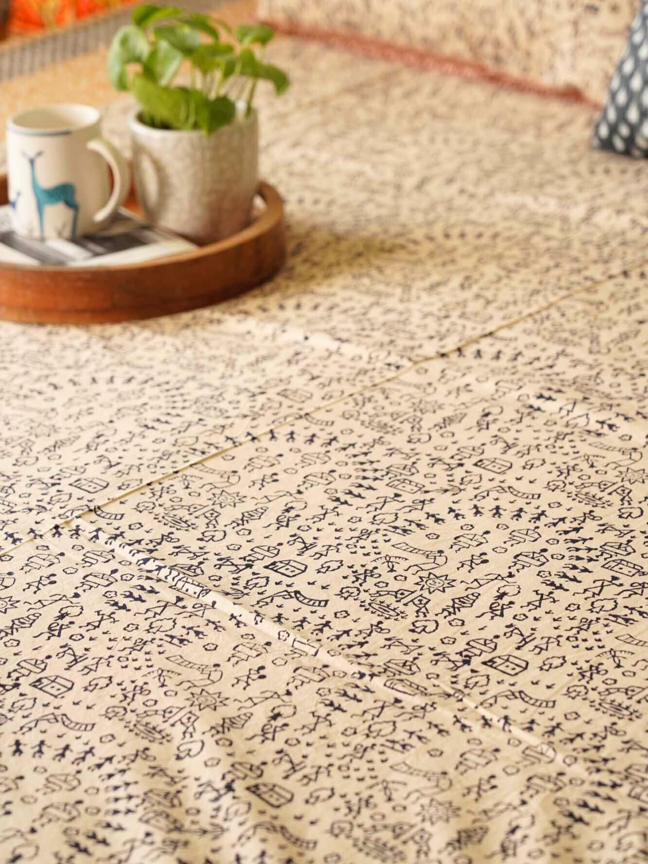 Hand Block Kalamkari Worli Black Single Bed Bedsheet (60x90 Inches)