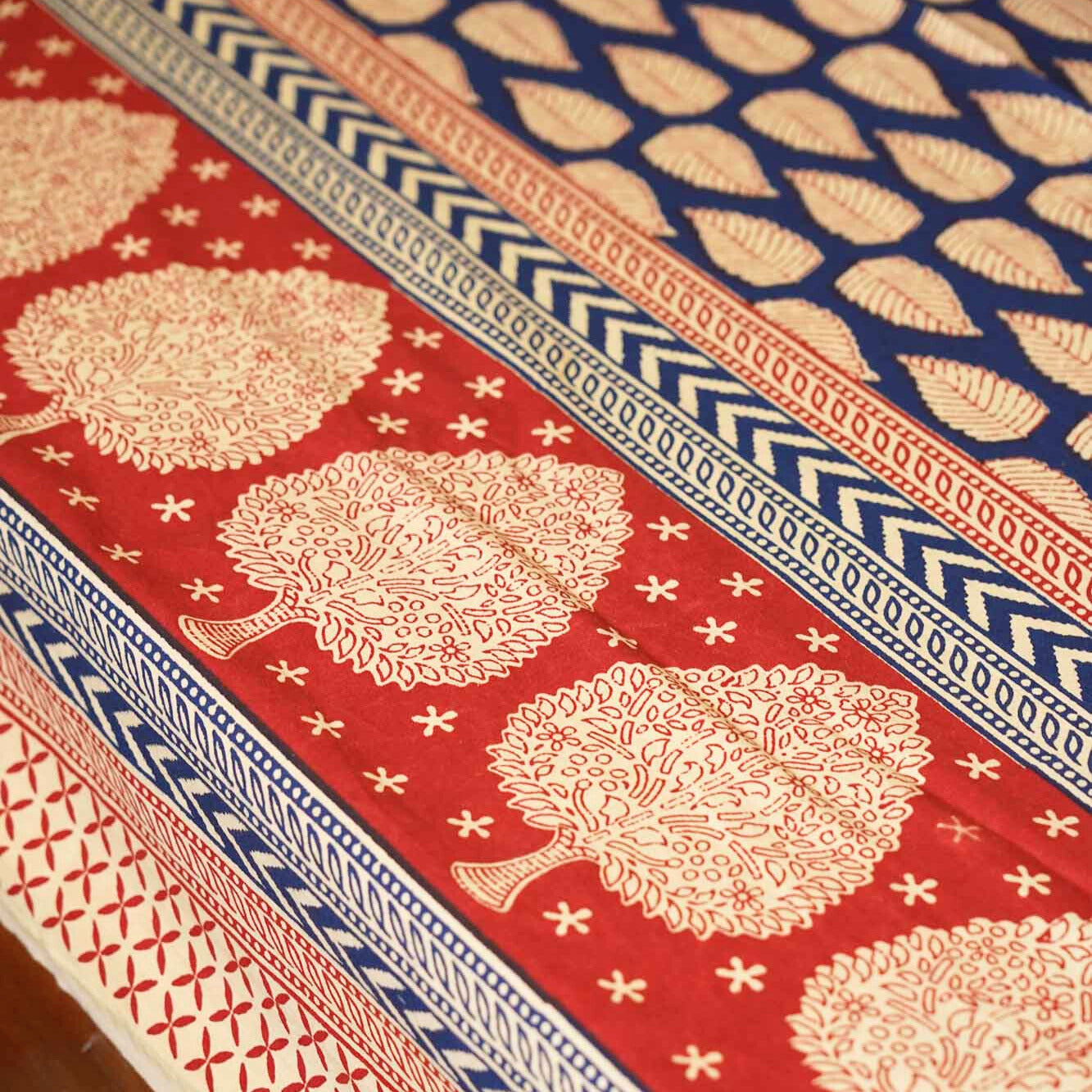 Kalamkari Blue Leaf - Flat I Fitted Bedsheet (90x108 Inches)