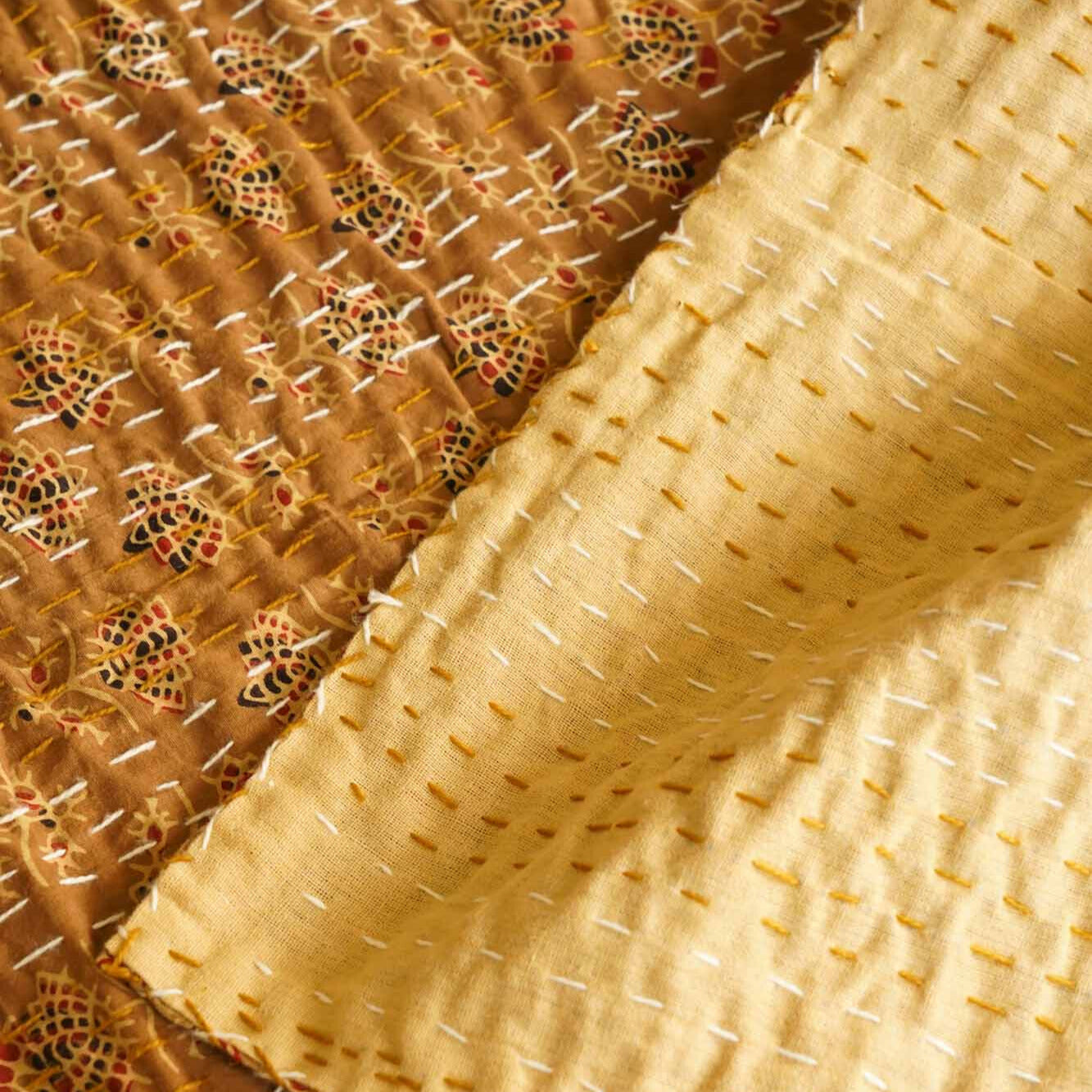Ajrakh Mustard - Kantha Stitch Bedcover