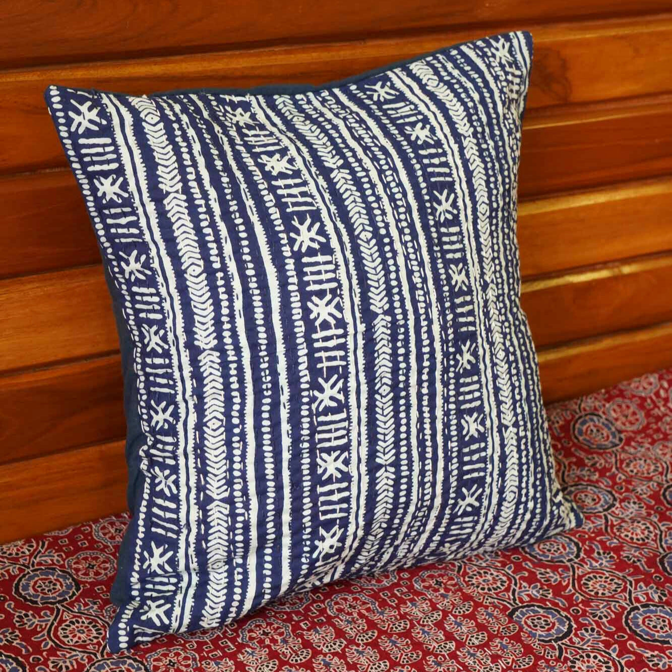 Abstract - Indigo Kantha Stitch Cushion Cover