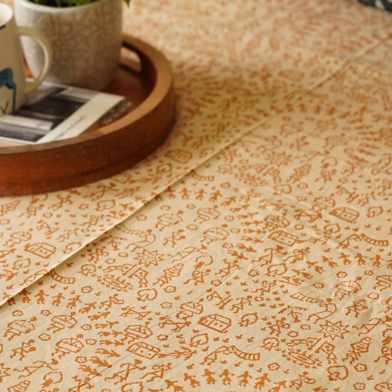 Hand Block Kalamkari Worli Mustard Bedsheet (90x108 Inches)