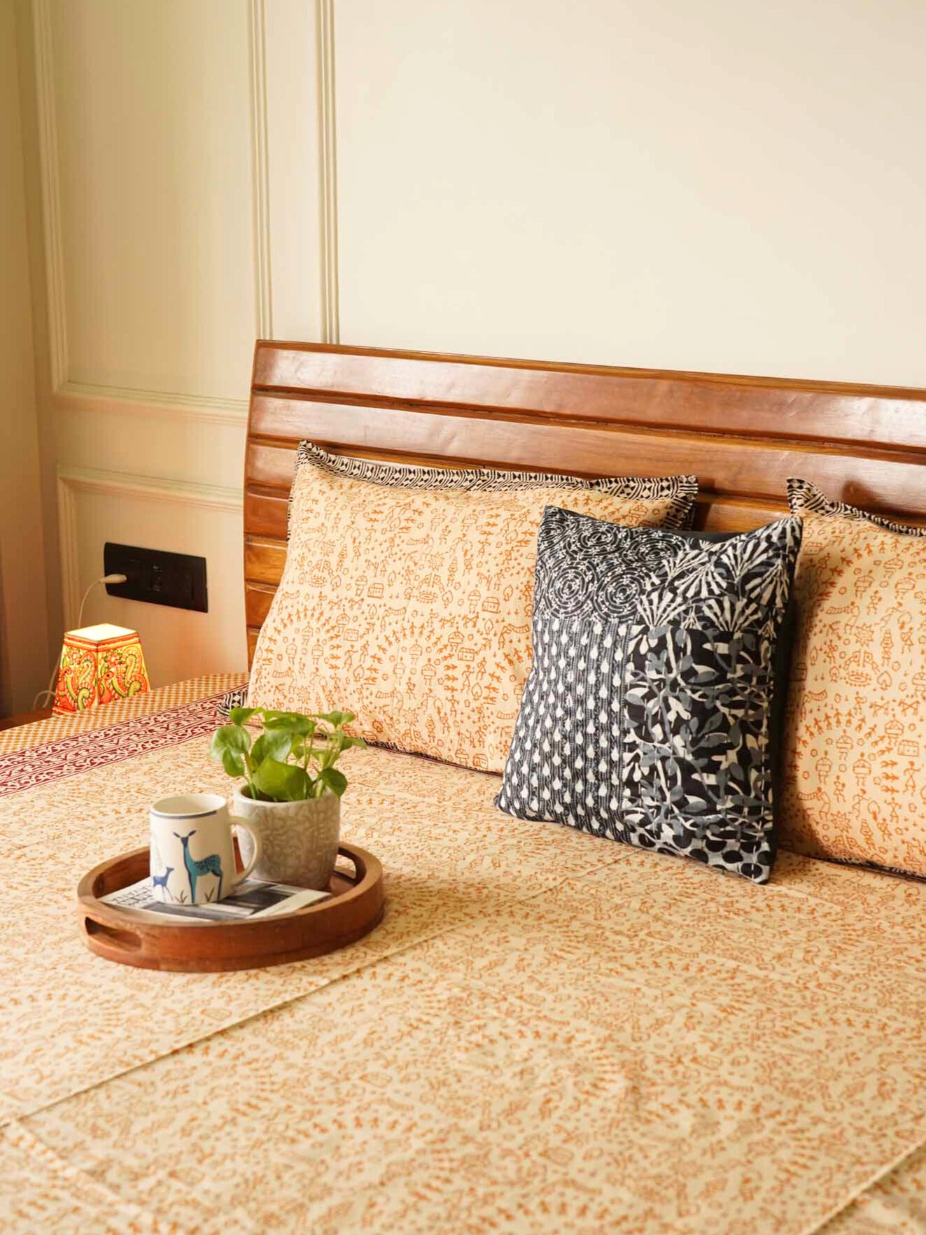 Hand Block Kalamkari Worli Mustard Bedsheet (90x108 Inches)