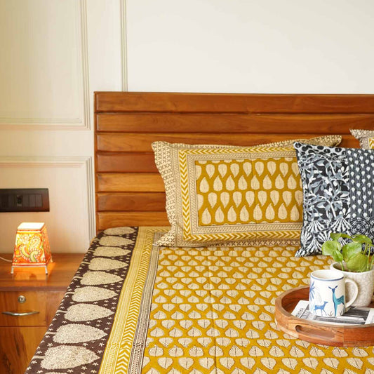 Kalamkari Mustard Leaf - Flat I Fitted Bedsheet (90x108 Inches)
