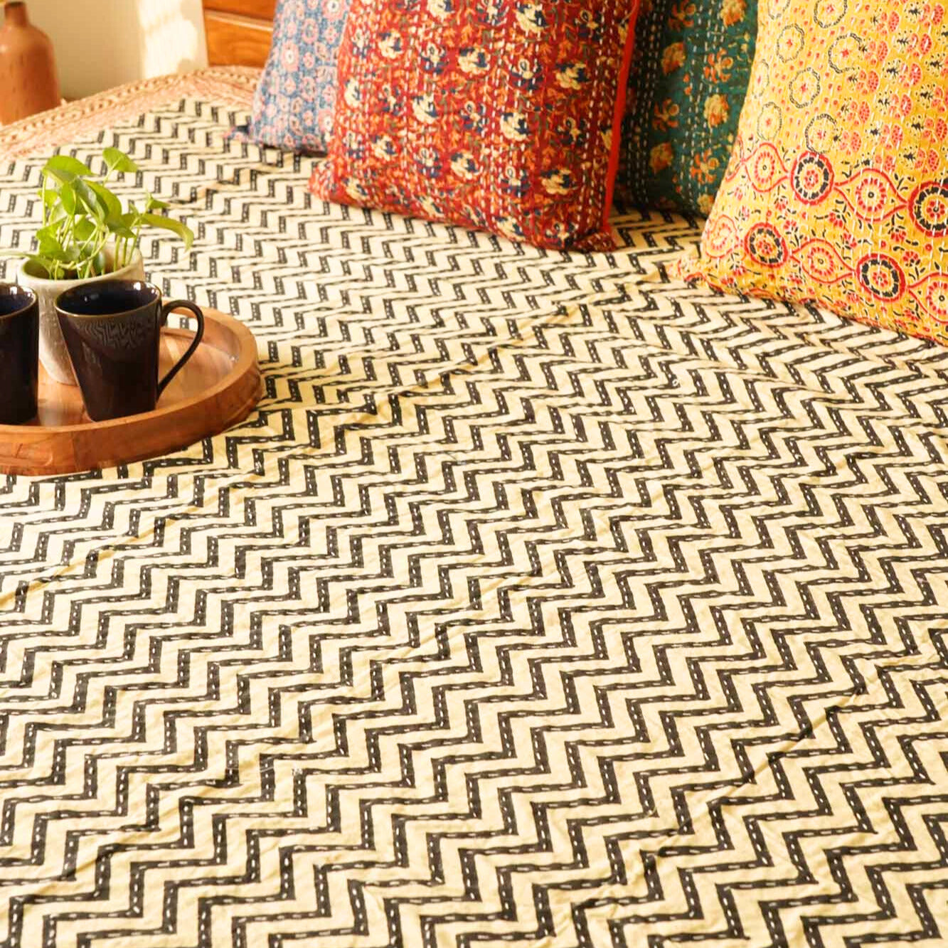 Chevron - Handblock Kantha Stitch Bedcover