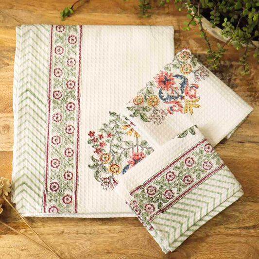 Handblock Printed Waffle Towel - Set of 3 - Guldasta