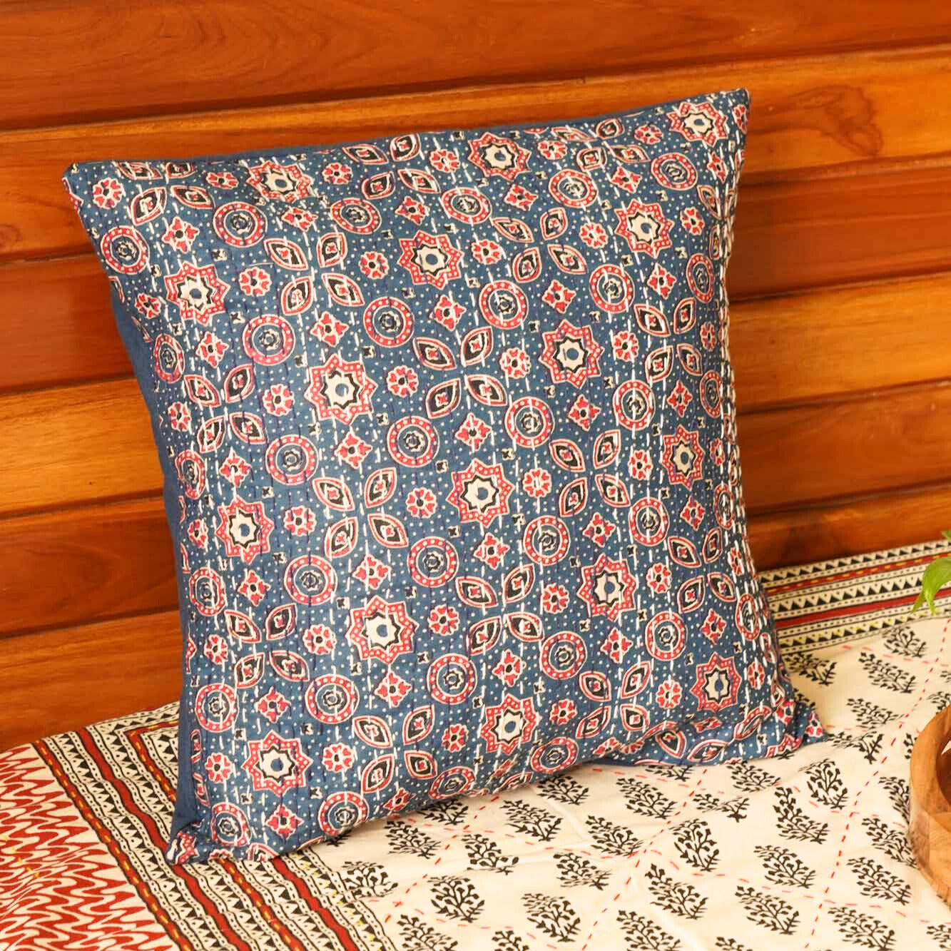 Ajrakh - Violet – Kantha Stitch Cushion Cover