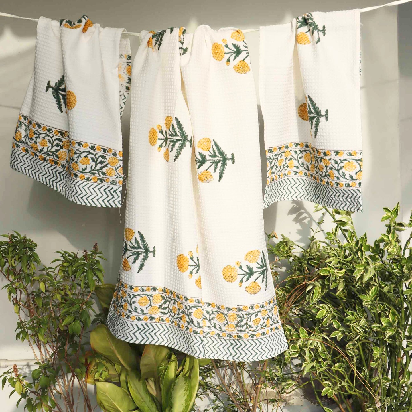Handblock Printed Waffle Towel - Set of 3 - Amaltas