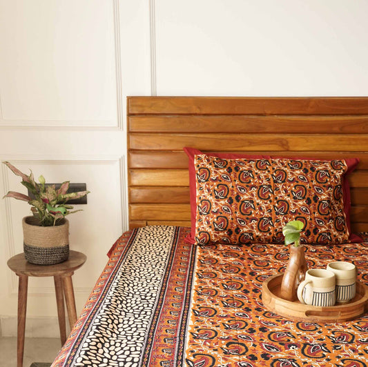 Kalamkari Kesar - Flat I Fitted Bedsheet (90x108 Inches)