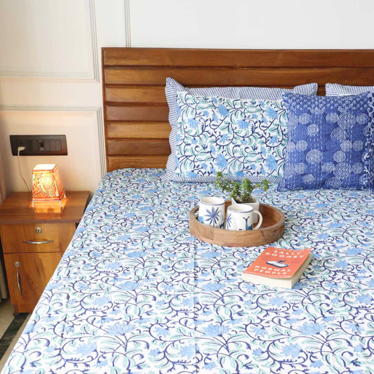 Pakiza Blue - Hand block Bedsheet (100x108 Inches)