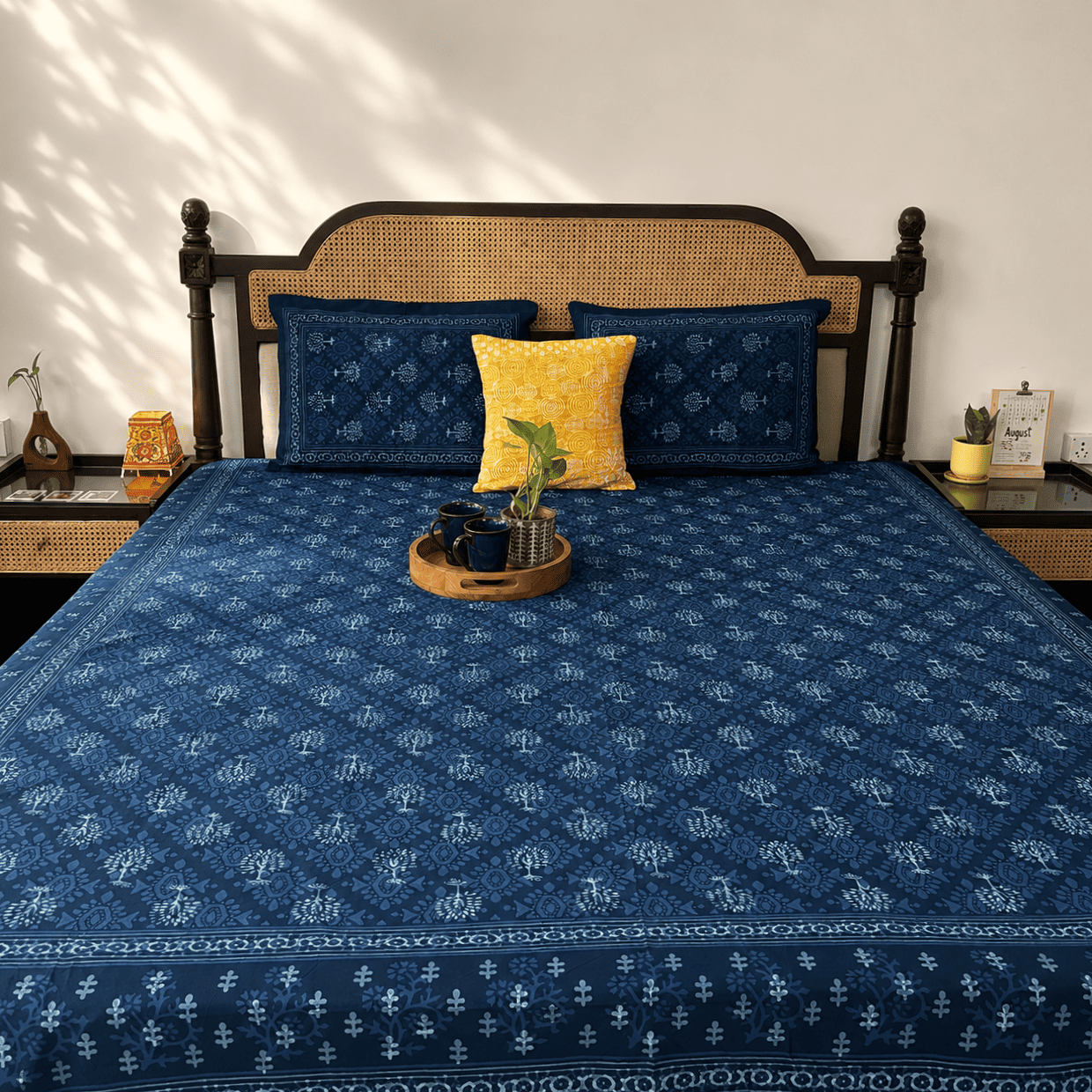 Indigo Tree - Flat I Fitted Bedsheet (90x108 Inches)