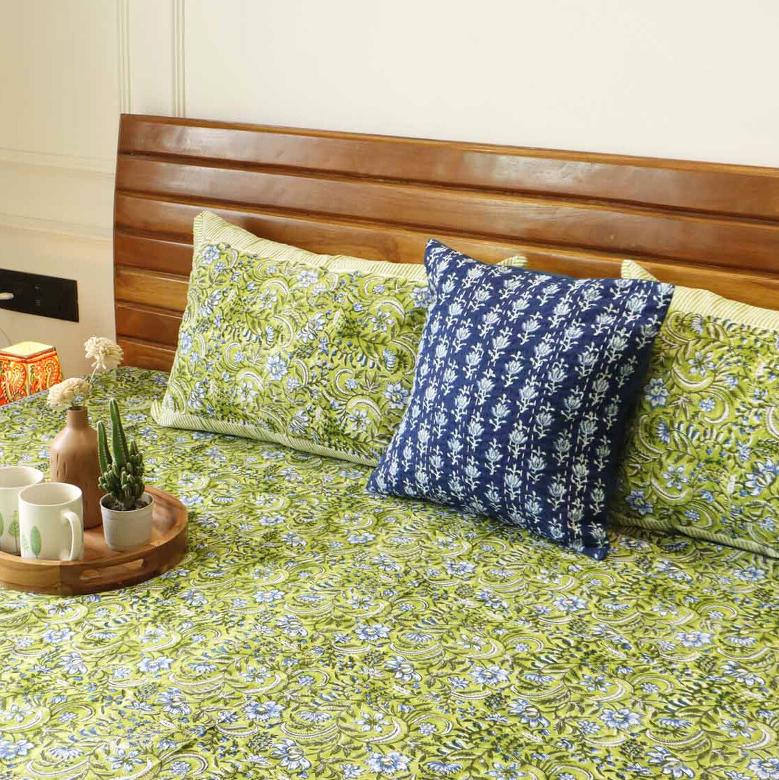 Phulwari Green - Handblock Bedsheet (100x108 Inches)