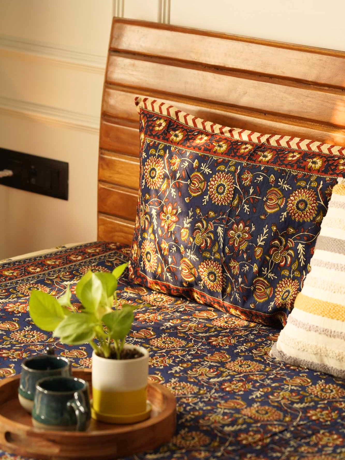 Kalamkari Blue B - Flat I Fitted Bedsheet (108x108 Inches)