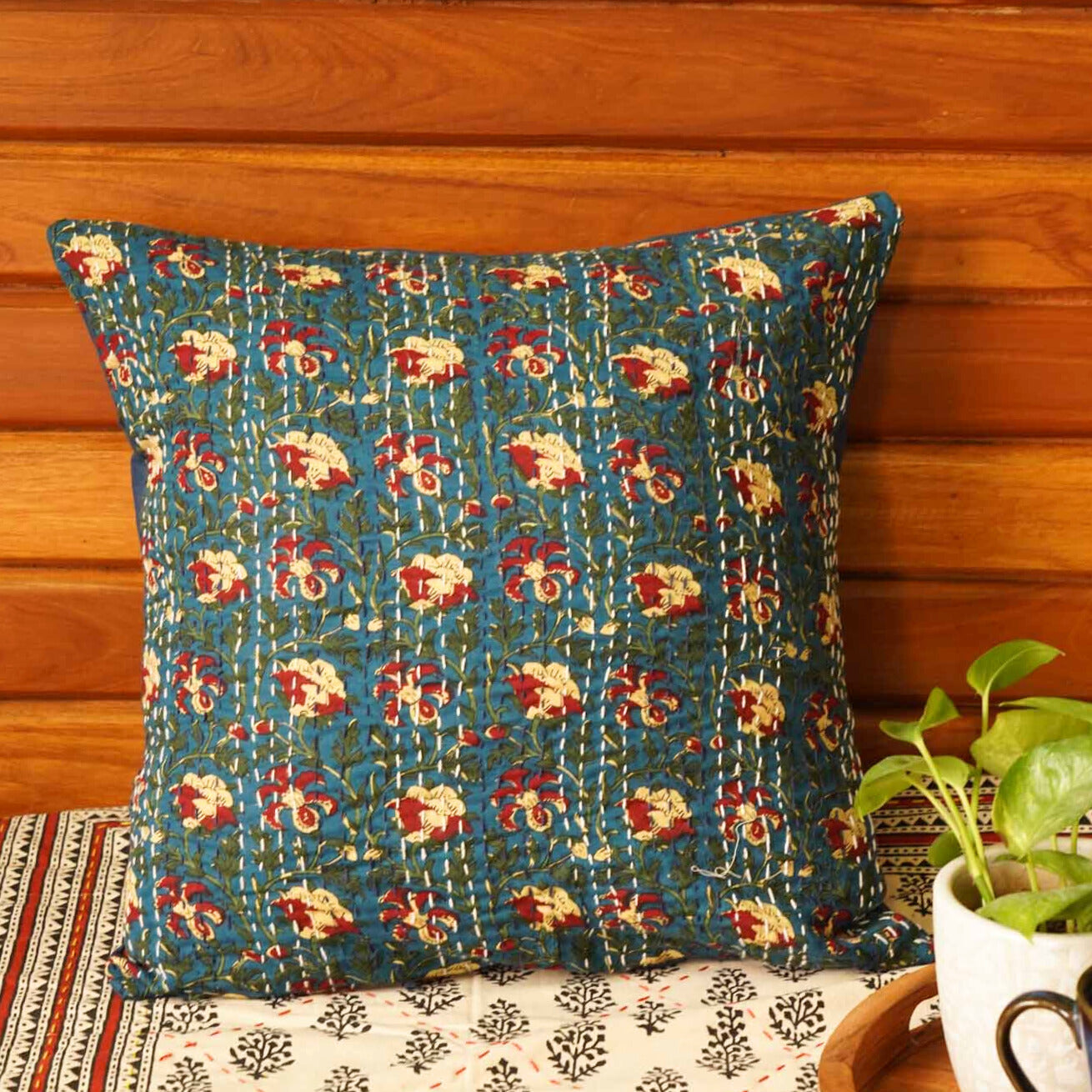 Ajrakh- Blue – Kantha Stitch Cushion Cover