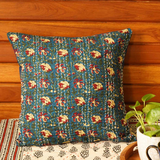 Ajrakh- Blue – Kantha Stitch Cushion Cover