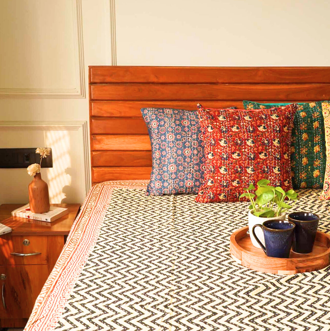 Chevron - Handblock Kantha Stitch Bedcover