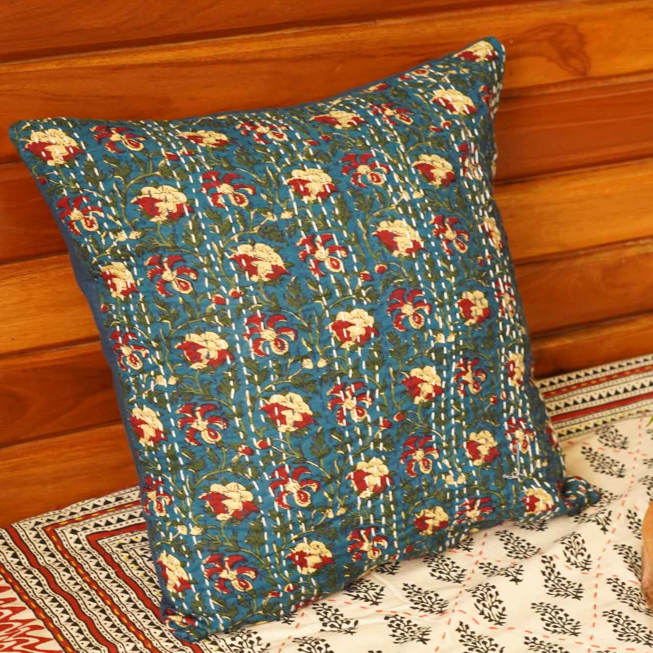 Ajrakh- Blue – Kantha Stitch Cushion Cover
