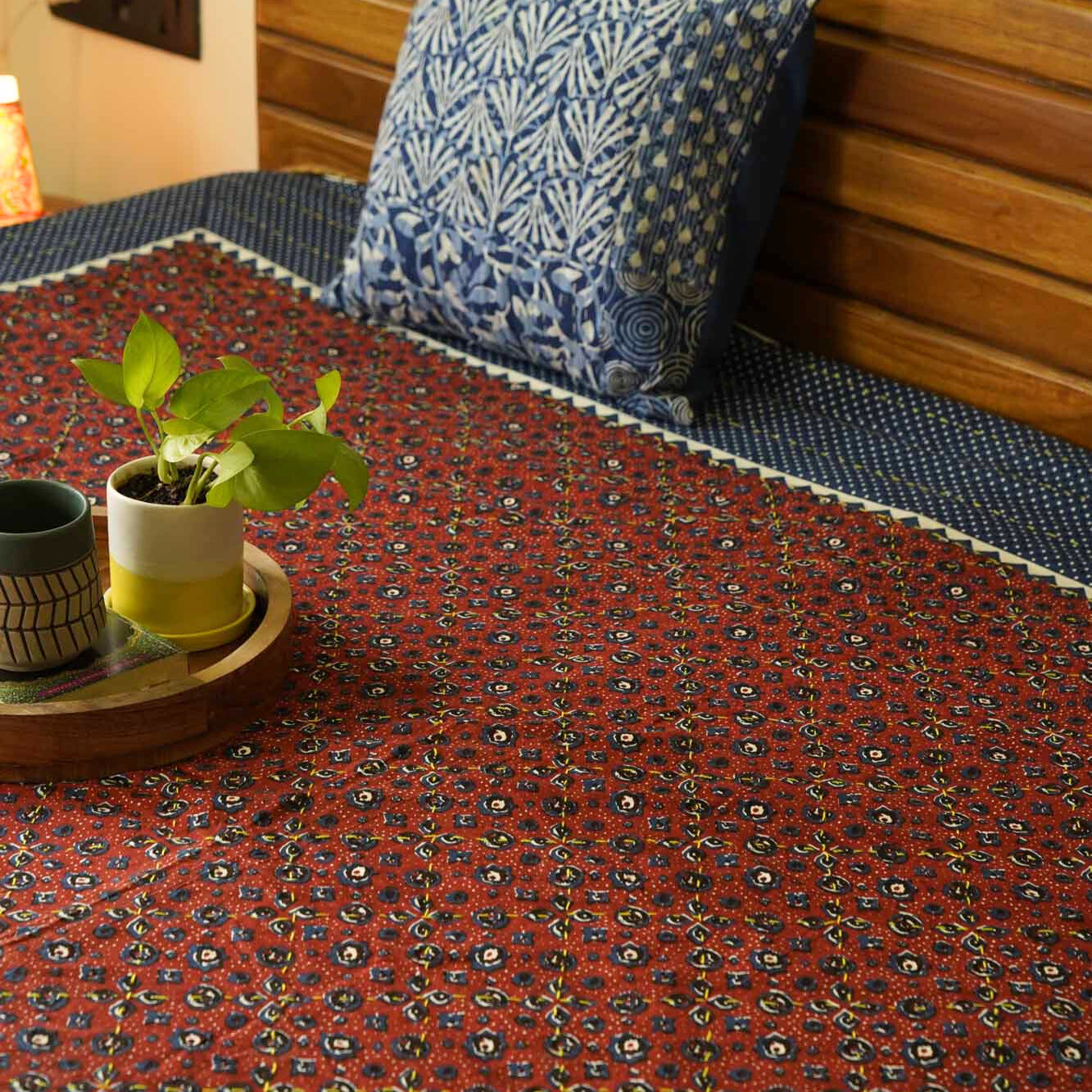 Ajrakh Red - Kantha stitch Bedcover (90x108)