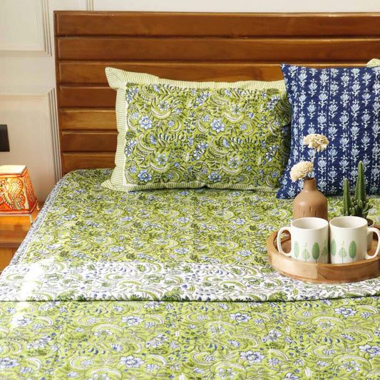 Double Bed Hand Block Print Mul Dohar – Phulwari Green