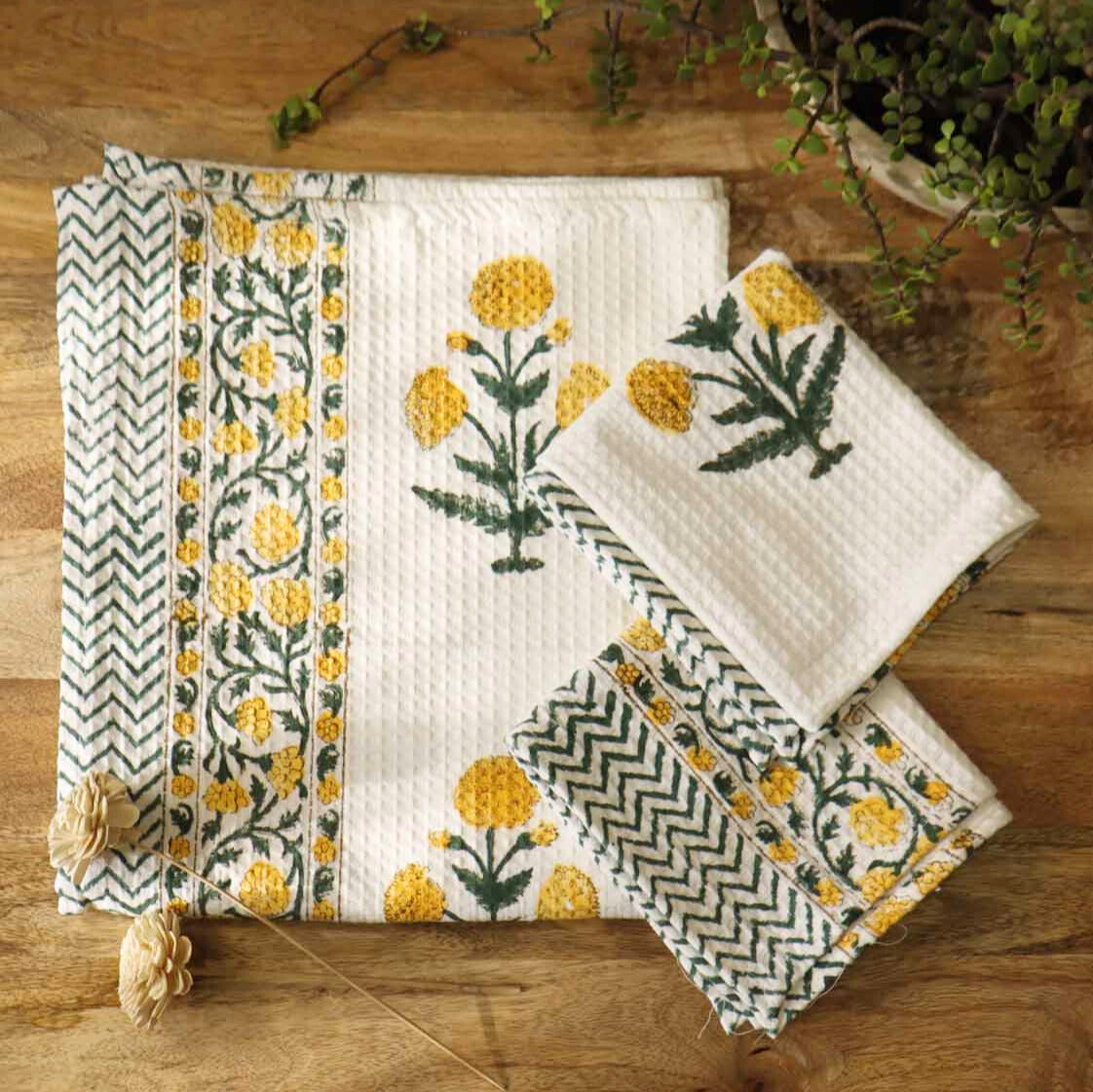 Handblock Printed Waffle Towel - Set of 3 - Amaltas