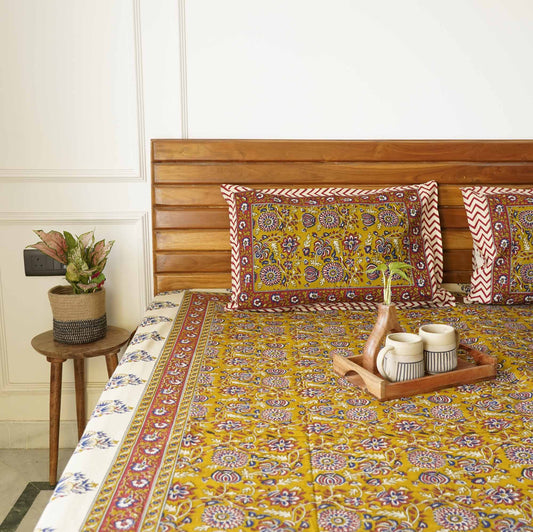 Kalamkari Mustard - Flat/Fitted Bedsheet (108x108 Inches)