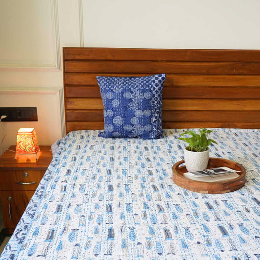 Matsya - Handblock Kantha Stitch Bedcover