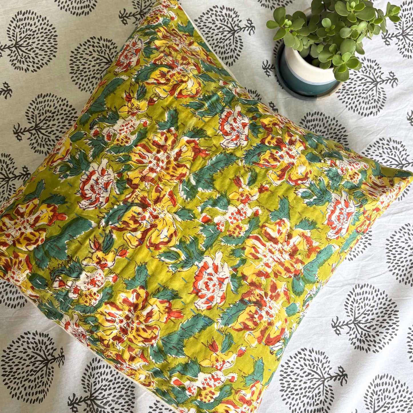 Basanti – Handblock Kantha Stitch Cushion Cover