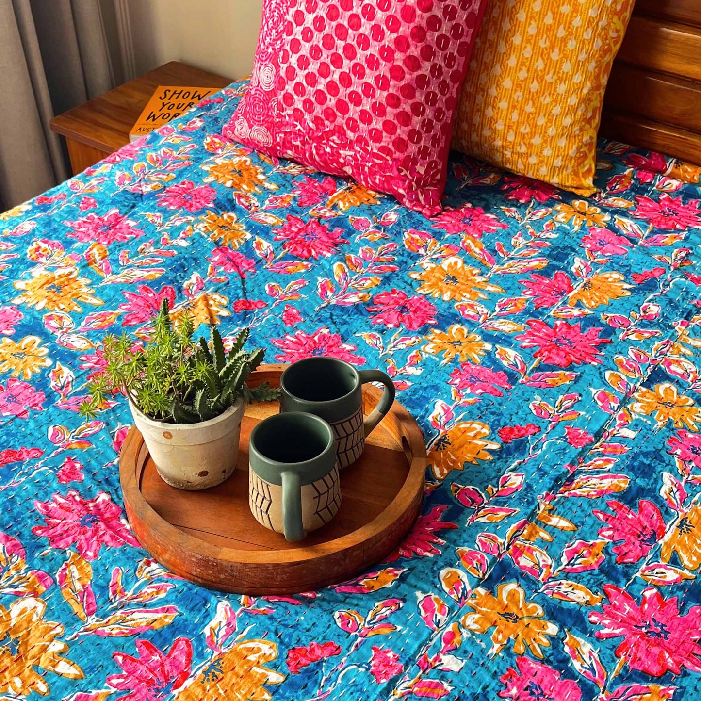 Firozi - Kantha Stitch Bedcover