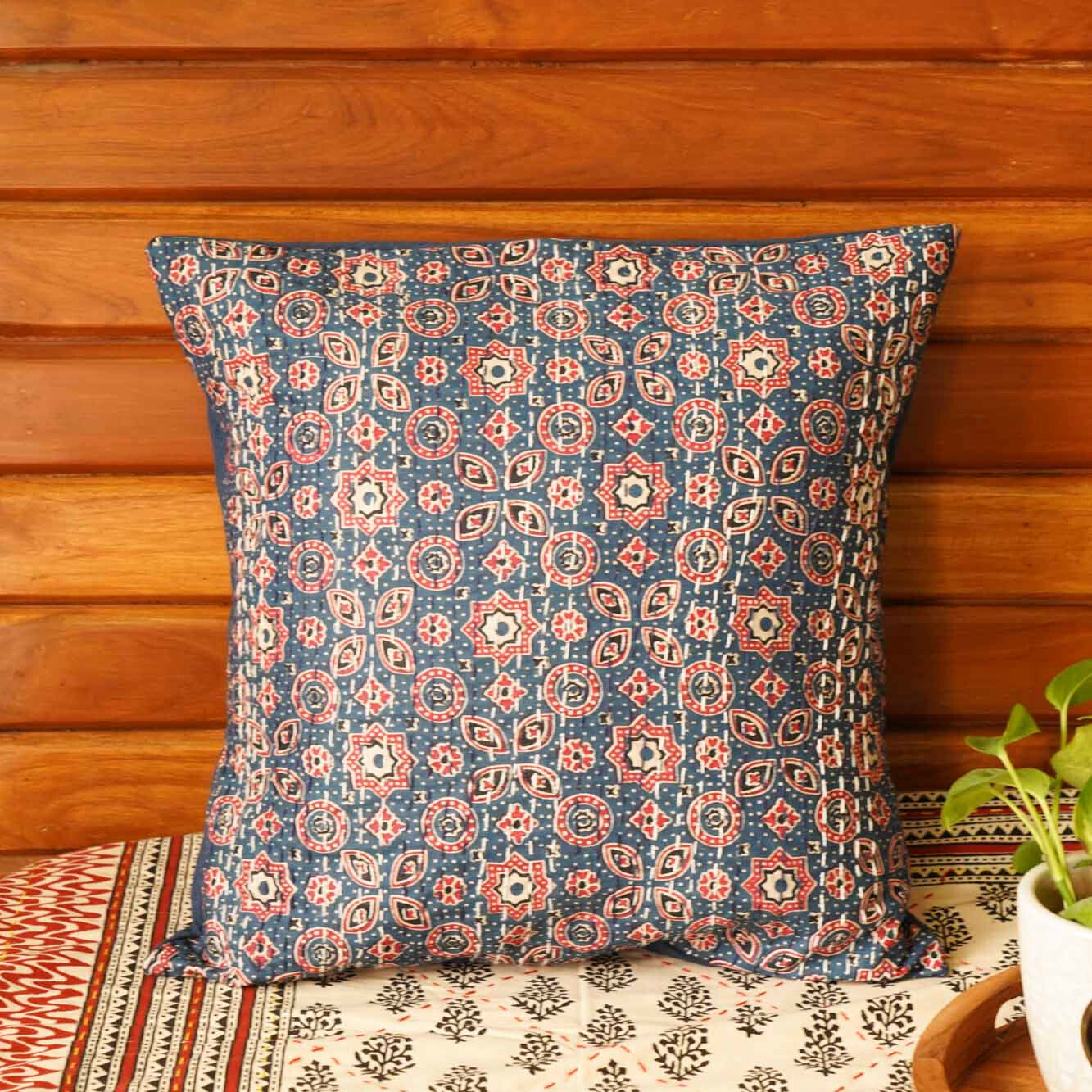 Ajrakh - Violet – Kantha Stitch Cushion Cover