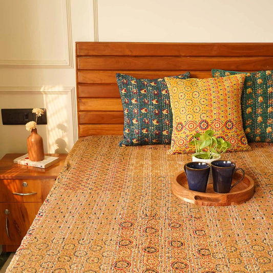 Ajrakh Mustard - Kantha Stitch Bedcover