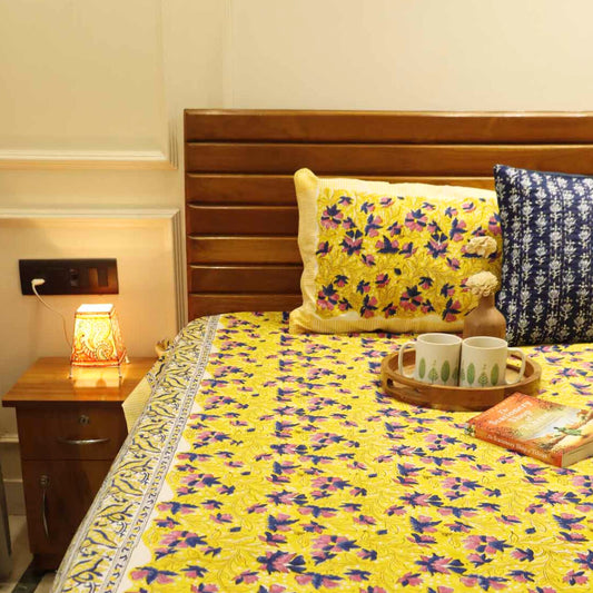 Yellow - Handblock Bedsheet (100x108 Inches)