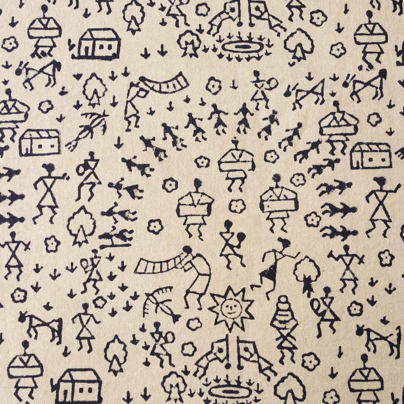 Hand Block Kalamkari Worli Black Single Bed Bedsheet (60x90 Inches)