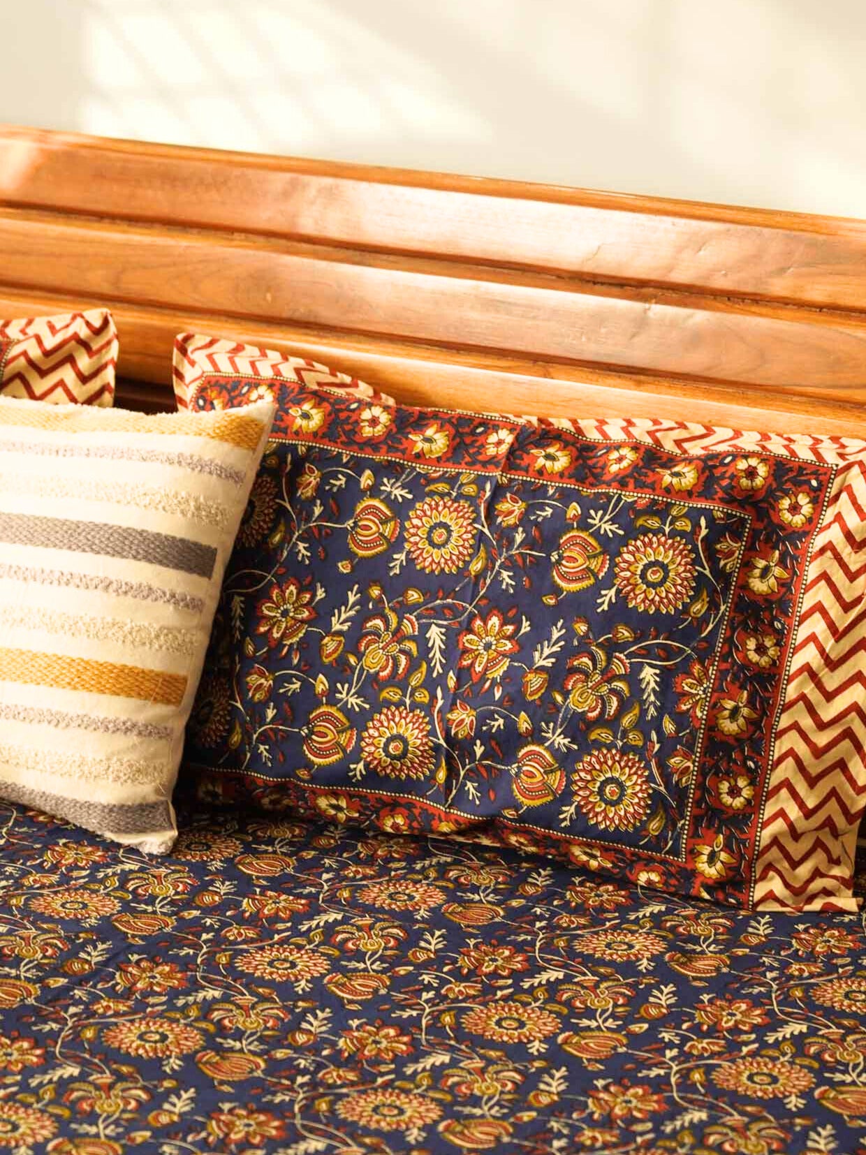 Kalamkari Blue B - Flat I Fitted Bedsheet (108x108 Inches)