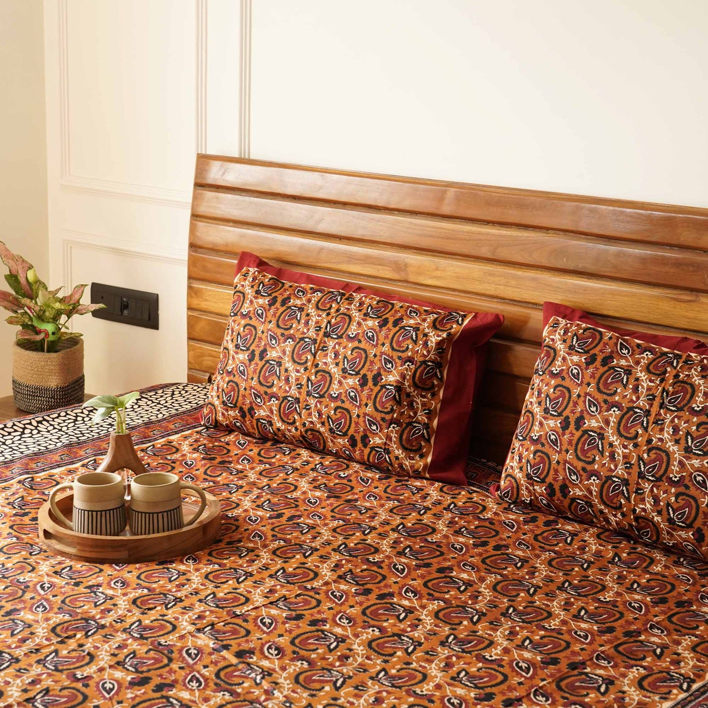 Kalamkari Kesar - Flat I Fitted Bedsheet (90x108 Inches)
