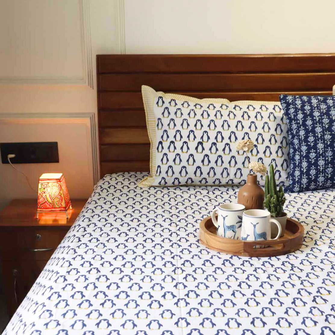 Blue Penguin - Handblock Bedsheet (90x108 Inches)