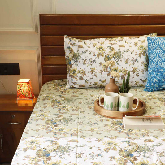 Panchi - Green Flat I Fitted Bedsheet (108x108 Inches)