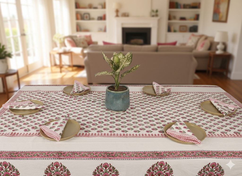 Hansika Hand Block Six seater Dining Table Cover With Napkins