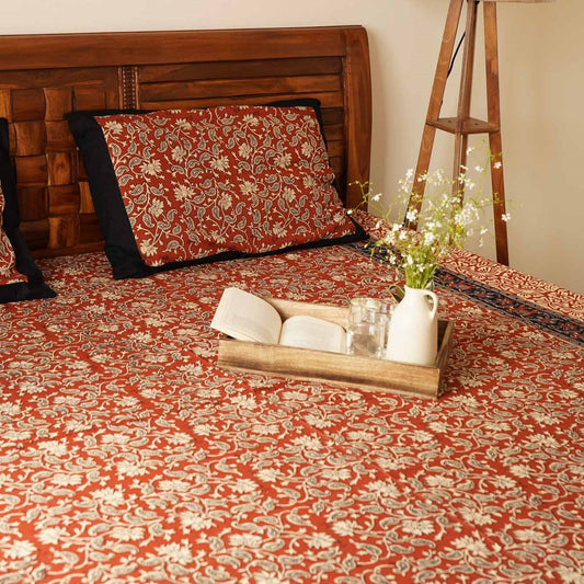 Maroon Kalamkari - Flat I Fitted Bedsheet (90x108 Inches)