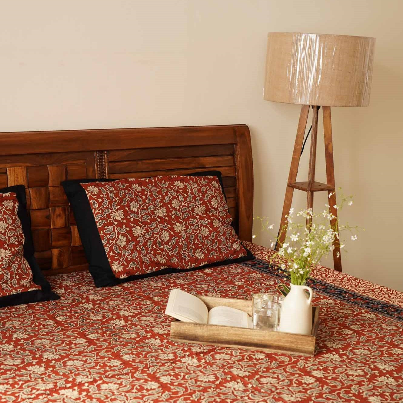 Maroon Kalamkari - Flat I Fitted Bedsheet (90x108 Inches)