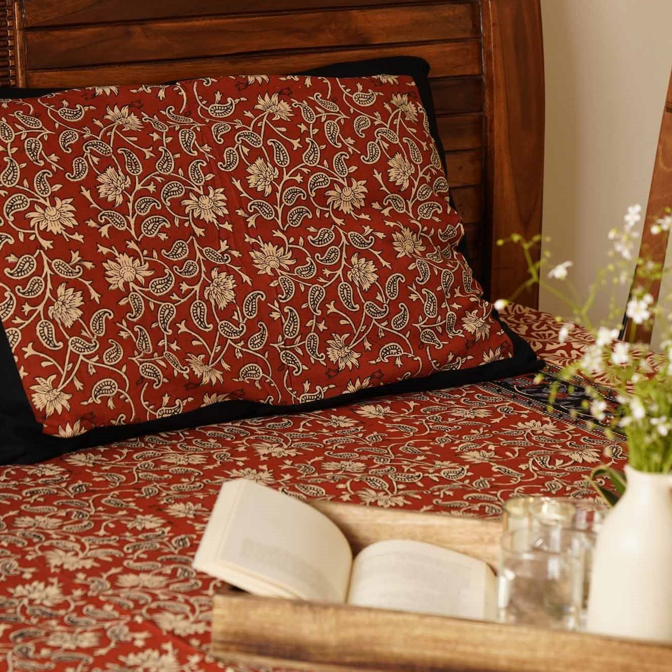 Maroon Kalamkari - Flat I Fitted Bedsheet (90x108 Inches)