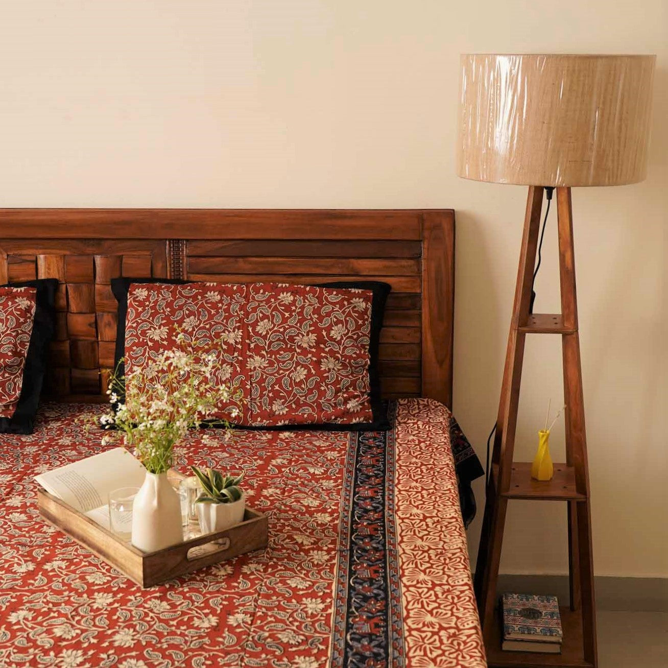 Maroon Kalamkari - Flat I Fitted Bedsheet (90x108 Inches)