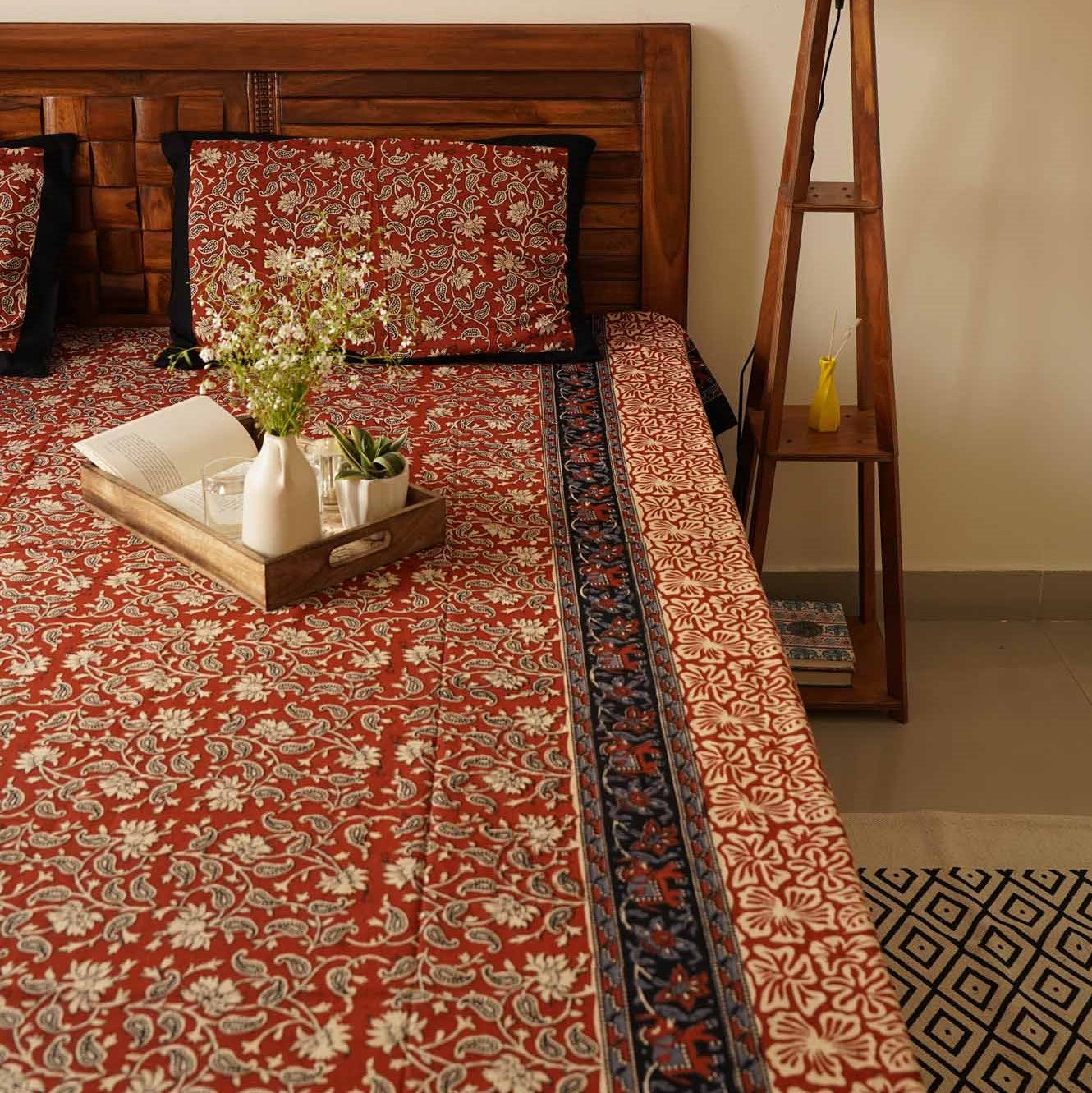 Maroon Kalamkari - Flat I Fitted Bedsheet (90x108 Inches)