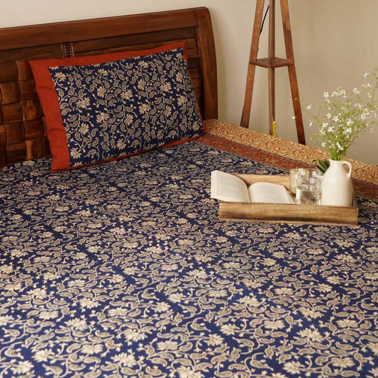 Blue Kalamkari - Flat I Fitted Bedsheet (90x108 Inches)