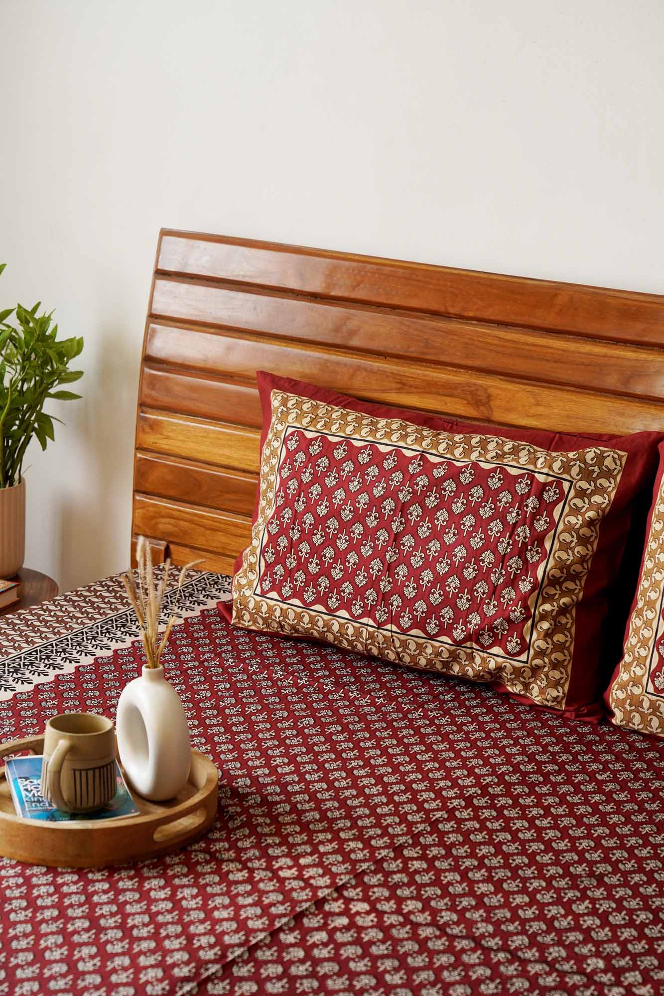 Kalamkari – Maroon – Single Bed (60x90) I Flat I Fitted Bedsheet (90x108 Inches)