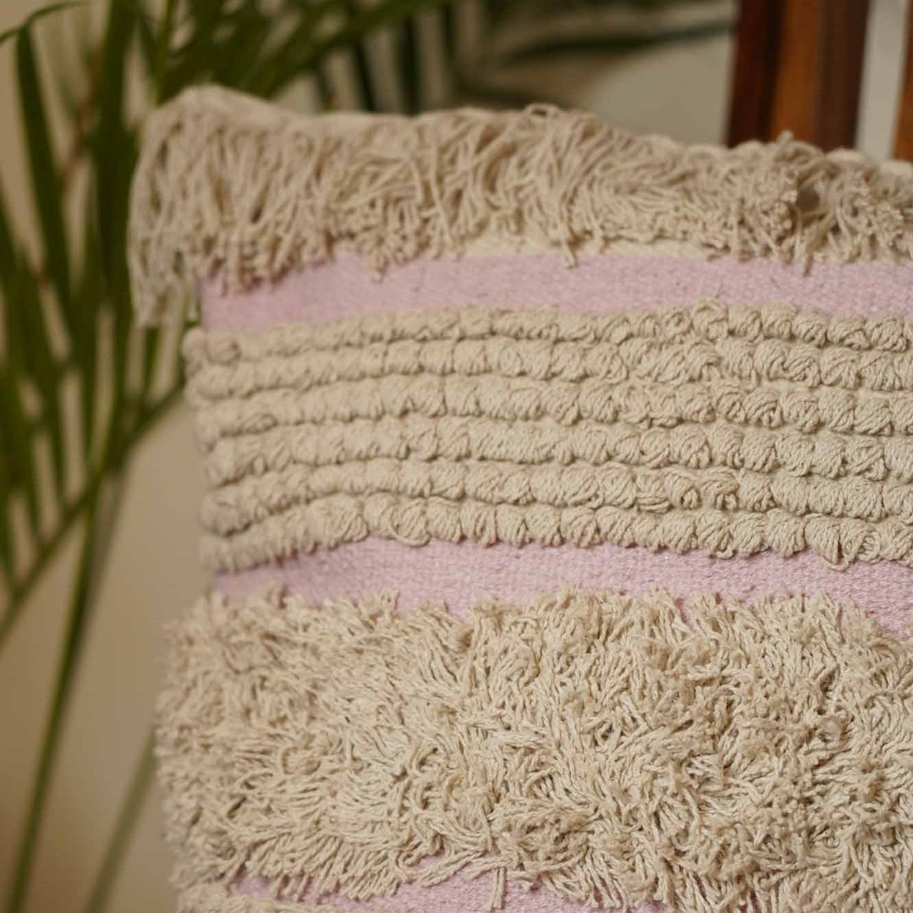 Boho Vibe – Pink Fringes Tufted Cushion Cover