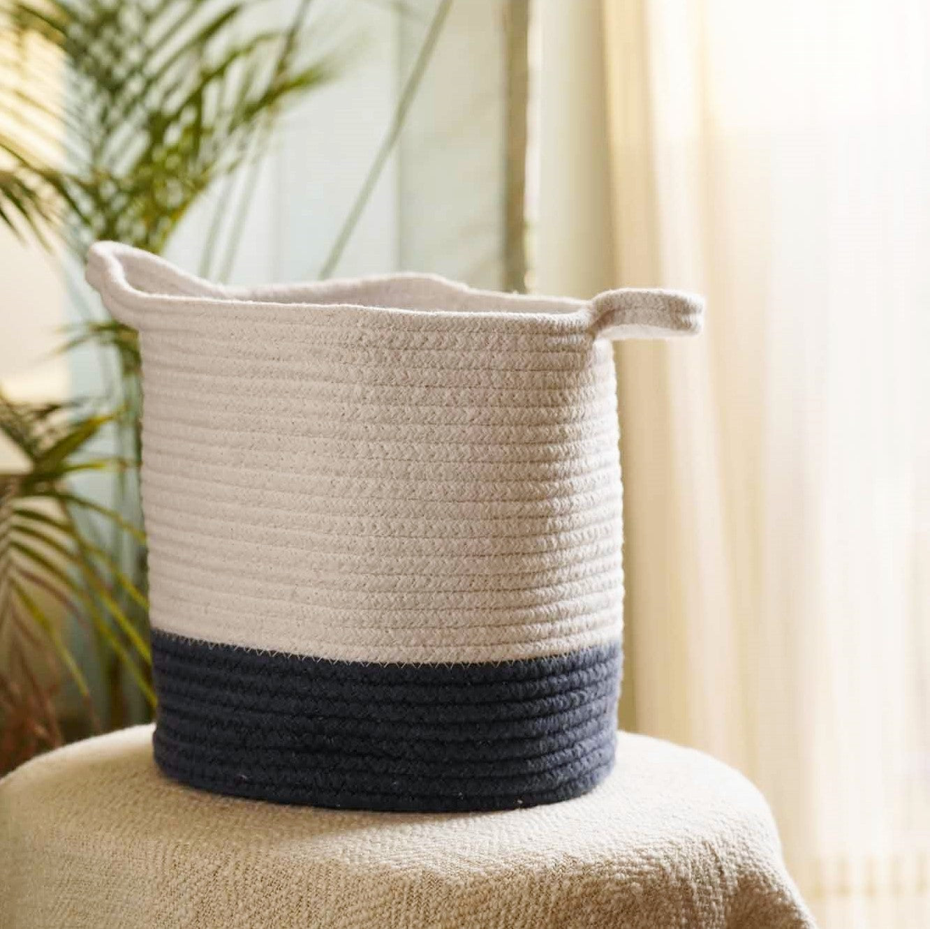 Jute Cotton Planter I Storage I Laundry Circular Basket - Navy and White