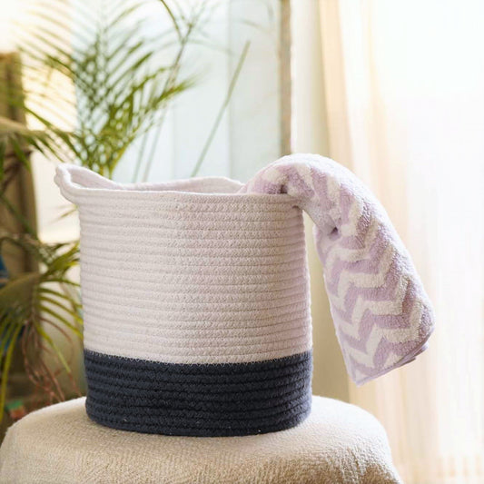 Jute Cotton Planter I Storage I Laundry Circular Basket - Navy and White