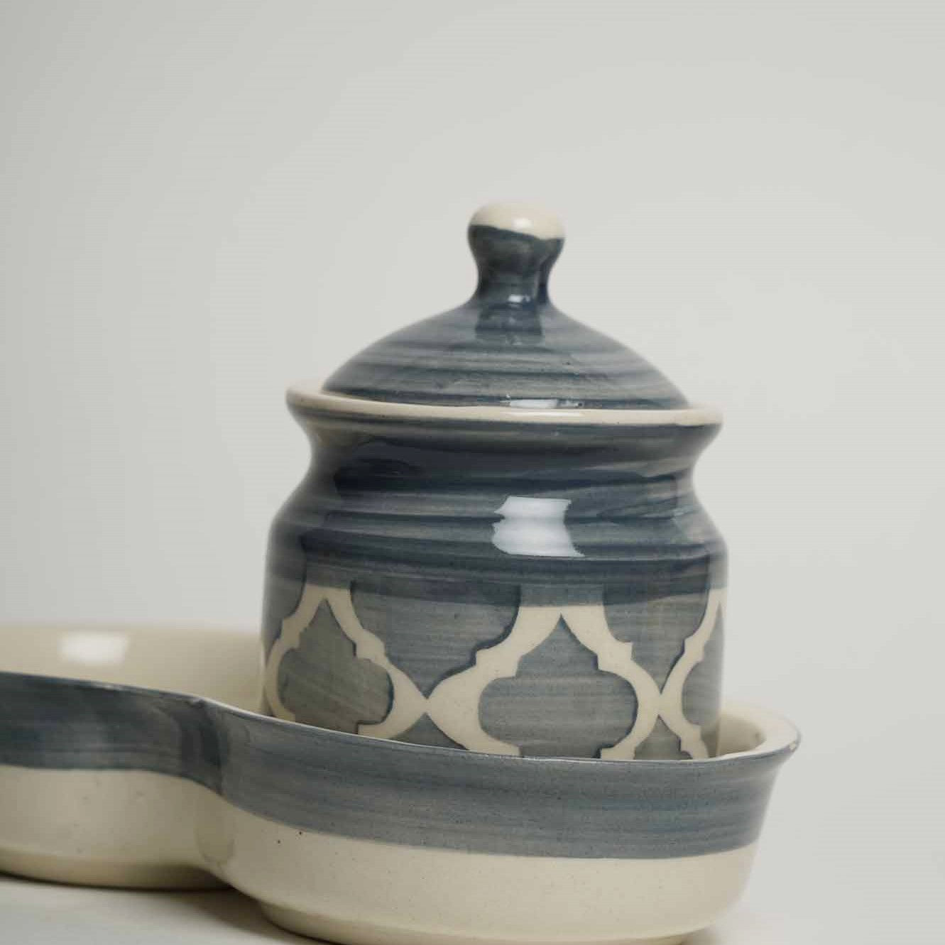Moroccan Grey Pickle I Condiments Set - Set of 2 Jars and1Tray
