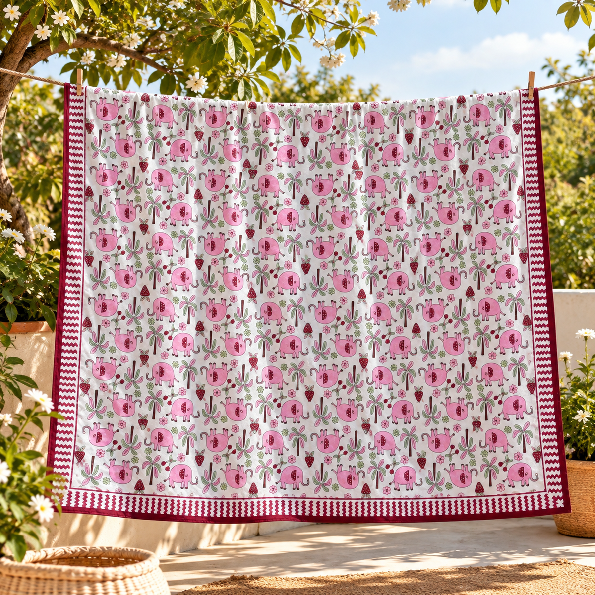 Single Bed Dohar - Pink Elephant